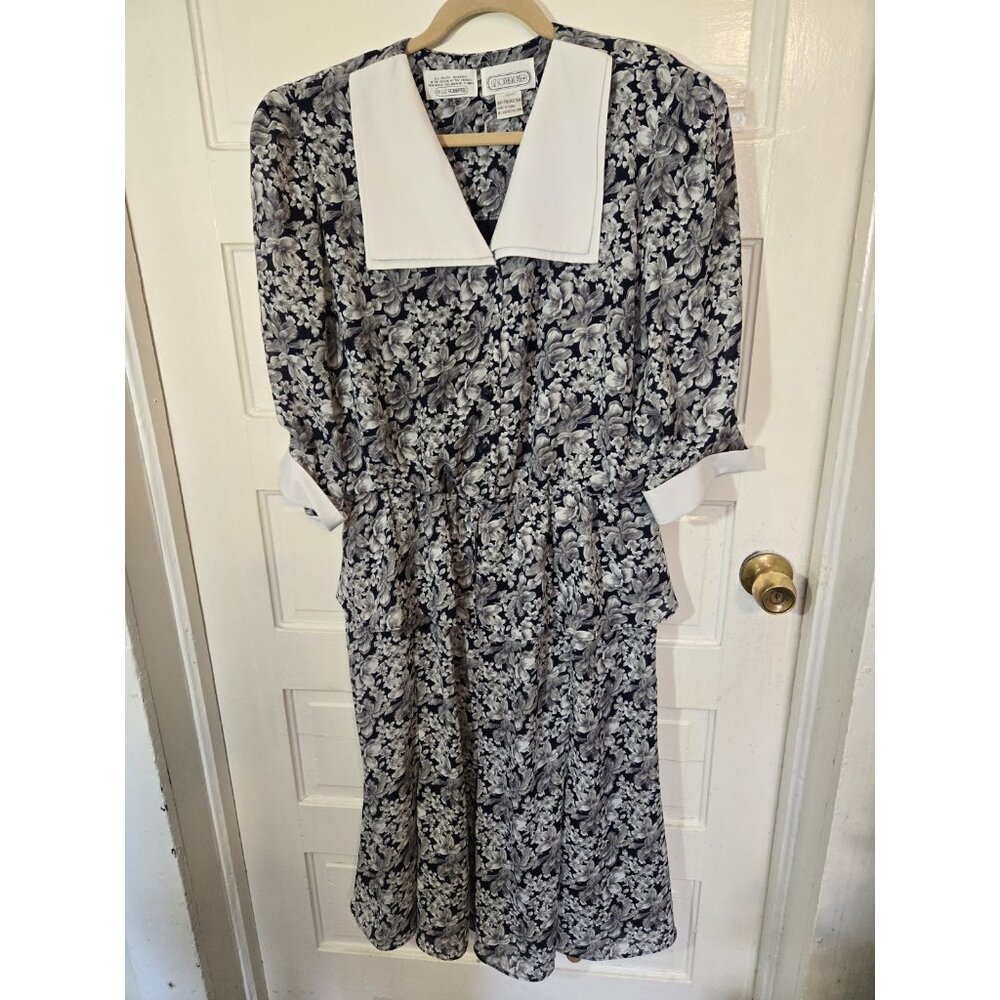 Vtg 90s Liz Robert's Dress 18WP White Black Floral Boat Collar 3/4 Cuff Sleeves